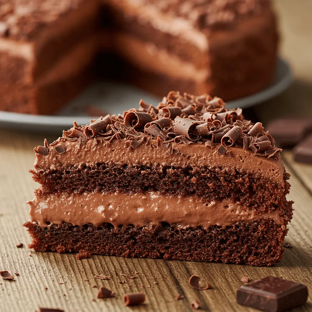 Schokoladen Torten Creme auf einem Schokoladenkuchen, glänzend und reichhaltig.