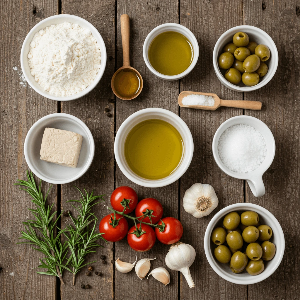 Zutaten für Original Focaccia Rezept: Mehl, Olivenöl, Hefe, Rosmarin, Tomaten und Knoblauch.