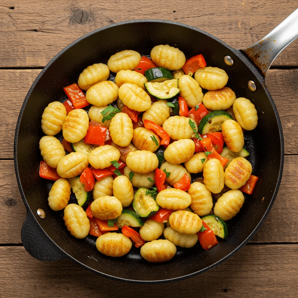 Pfannen-Gnocchi mit Zucchini, Paprika, Spinat und anderen frischen Gemüsezutaten.