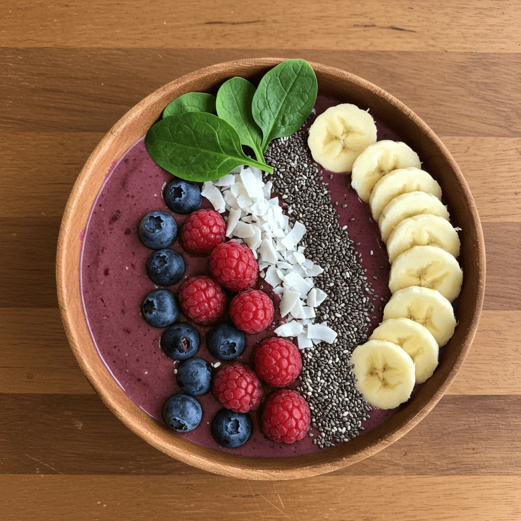 Smoothie Bowl mit Beeren, Banane und Spinat, serviert in einer Schale auf einem Holztisch.