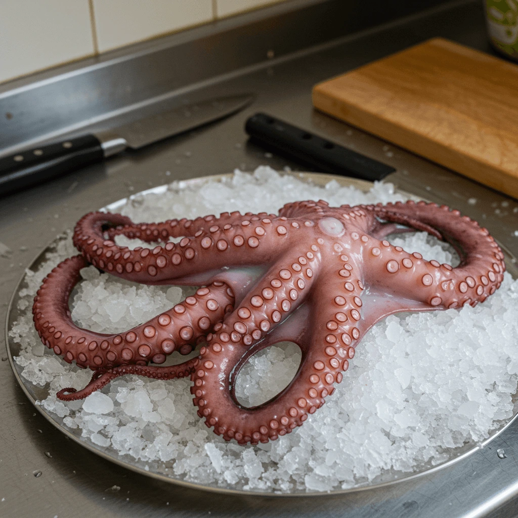 Frischer Oktopus für ein authentisches Oktopus Rezept, auf Eis angerichtet.