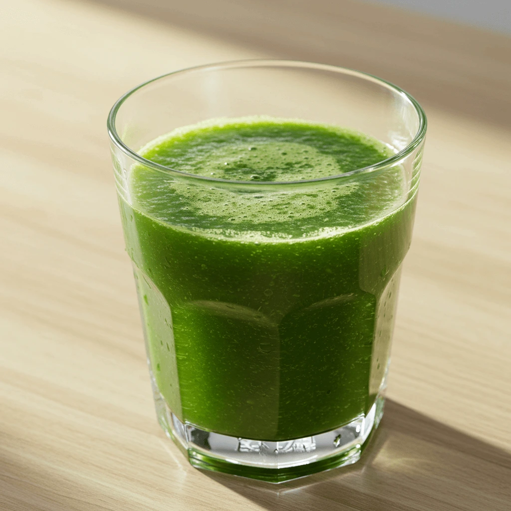 Grüner Saft aus Spinat und Sellerie in einem Glas, mit Selleriestange dekoriert.