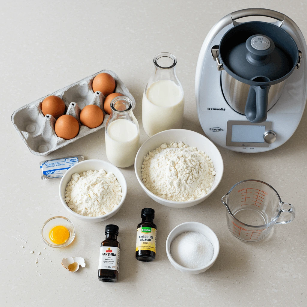 Rezept Pfannkuchen Thermomix: Zutaten wie Eier, Milch, Mehl, Zucker und Vanille auf einer Arbeitsfläche