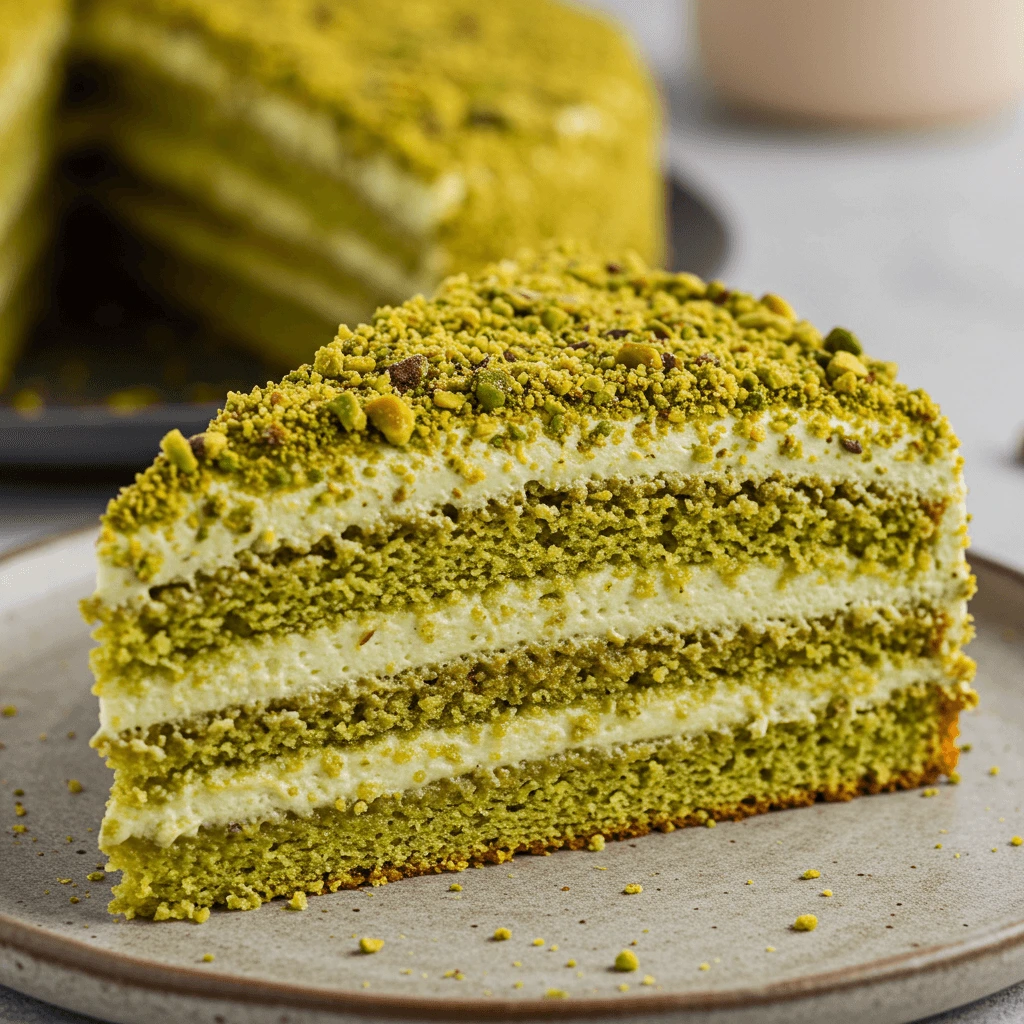 Pistaziencreme-Torte – Ein Stück einer selbstgemachten Pistaziencreme-Torte mit Pistazien auf einem rustikalen Teller.