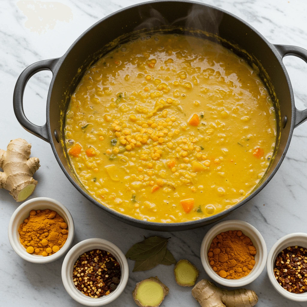 Topf mit Rote Linsen Kokos Suppe, die auf dem Herd köchelt.