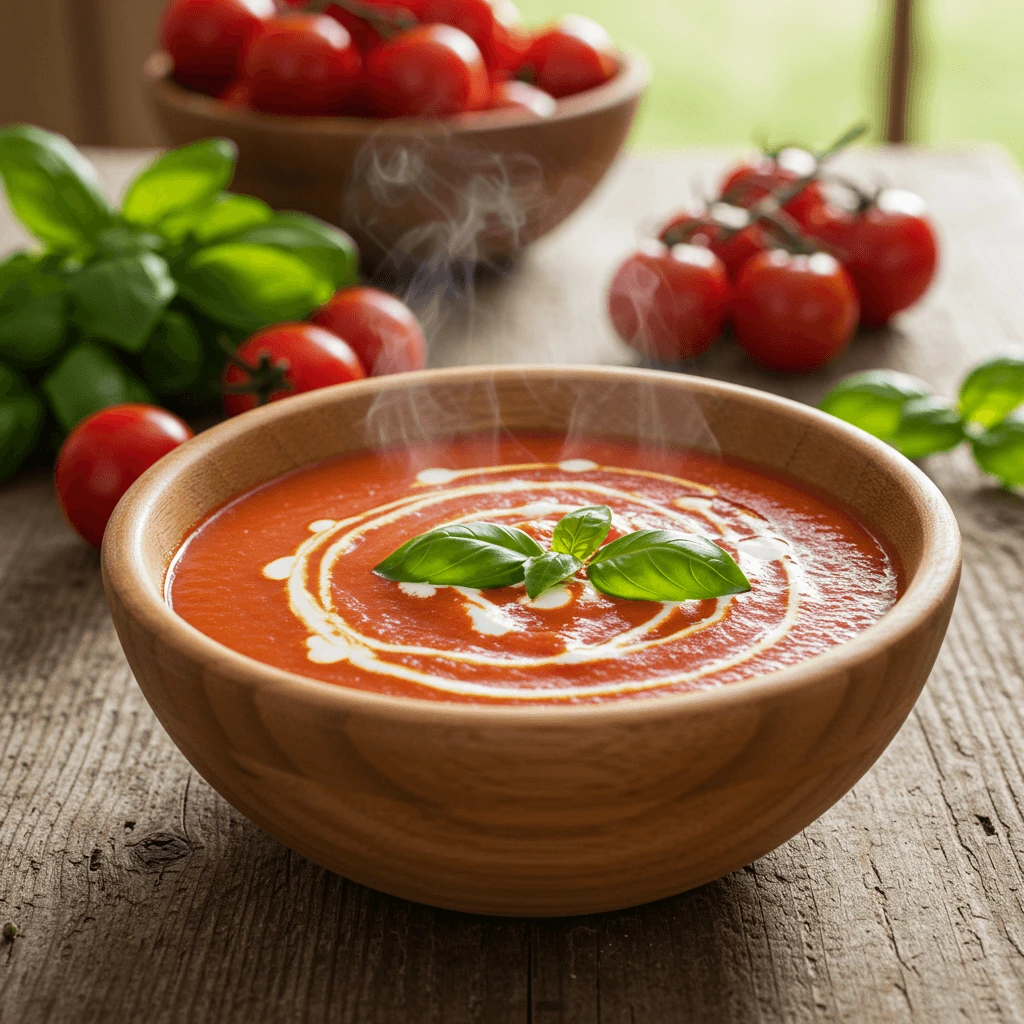 Würzige Tomatensuppe mit frischem Basilikum und einem Hauch Sahne, serviert in rustikaler Atmosphäre.