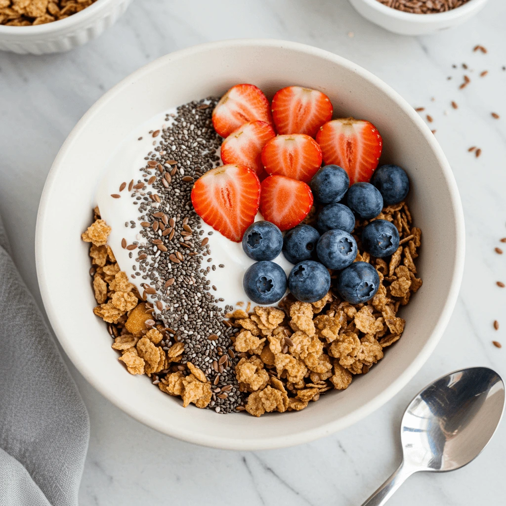 Müsli mit Joghurt, Chia-Samen und frischen Früchten für einen gesunden Hafertage Snack.