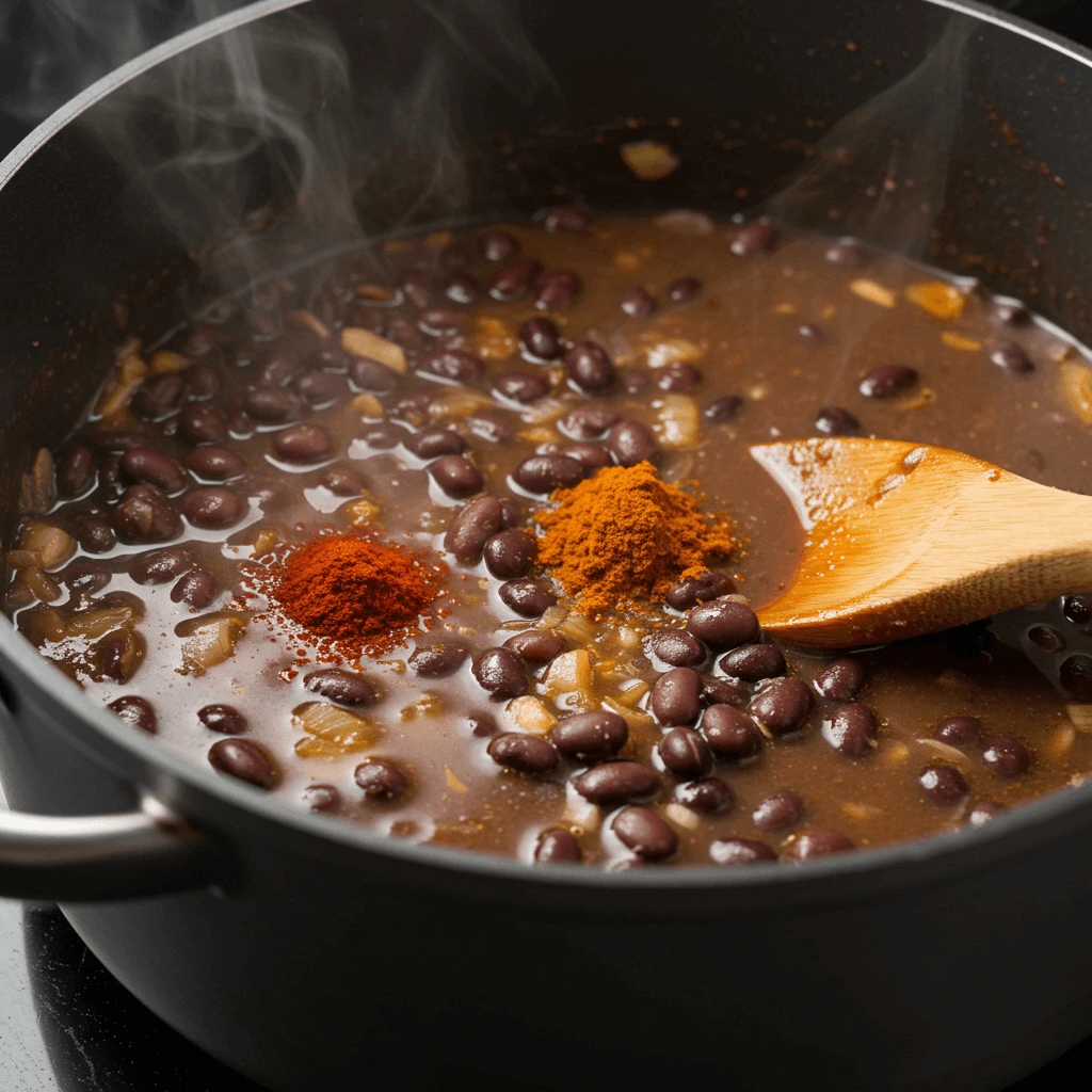 Rezept für schwarze Bohnen: Schwarze Bohnen kochen in einer aromatischen Brühe mit Zwiebeln und Gewürzen in einem Topf.