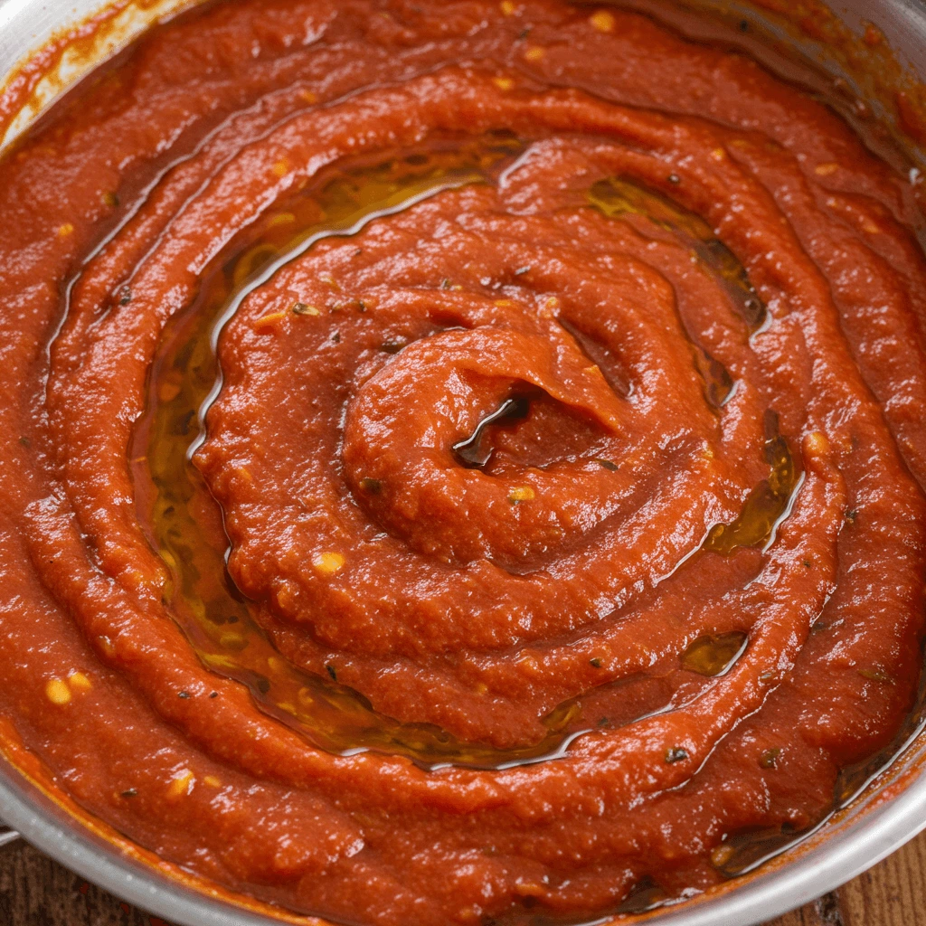 Klassische Tomatensoße mit frischen Kräutern, serviert zu goldenen Schupfnudeln.