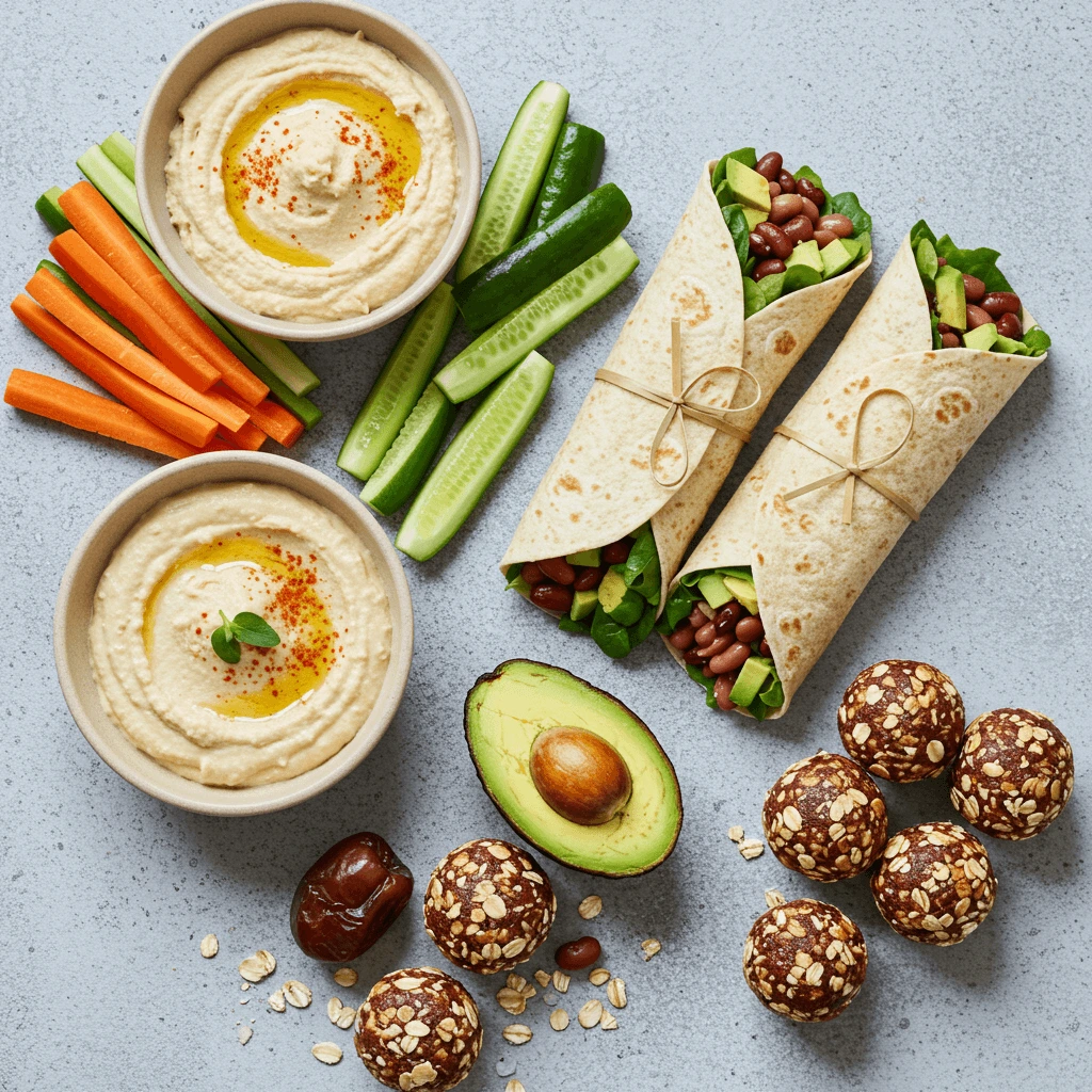 Eine Auswahl an veganen Snacks, darunter Hummus mit frischem Gemüse, Wraps mit Avocado und Bohnen sowie Energy Balls aus Haferflocken und Datteln.

