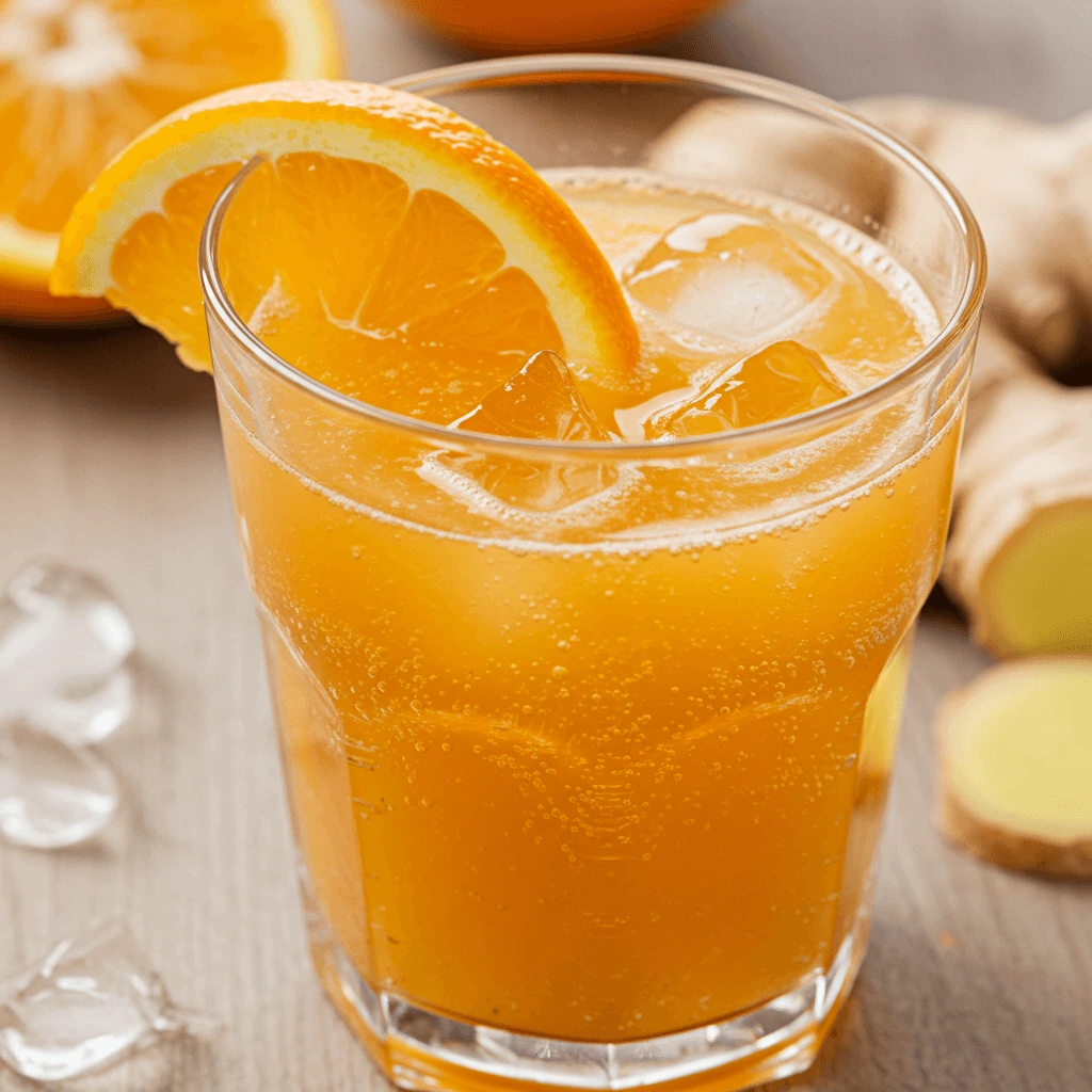 Ein Glas Orangen-Ingwer-Saft mit frischen Orangen und Ingwerwurzel in einem lebhaften Ambiente.