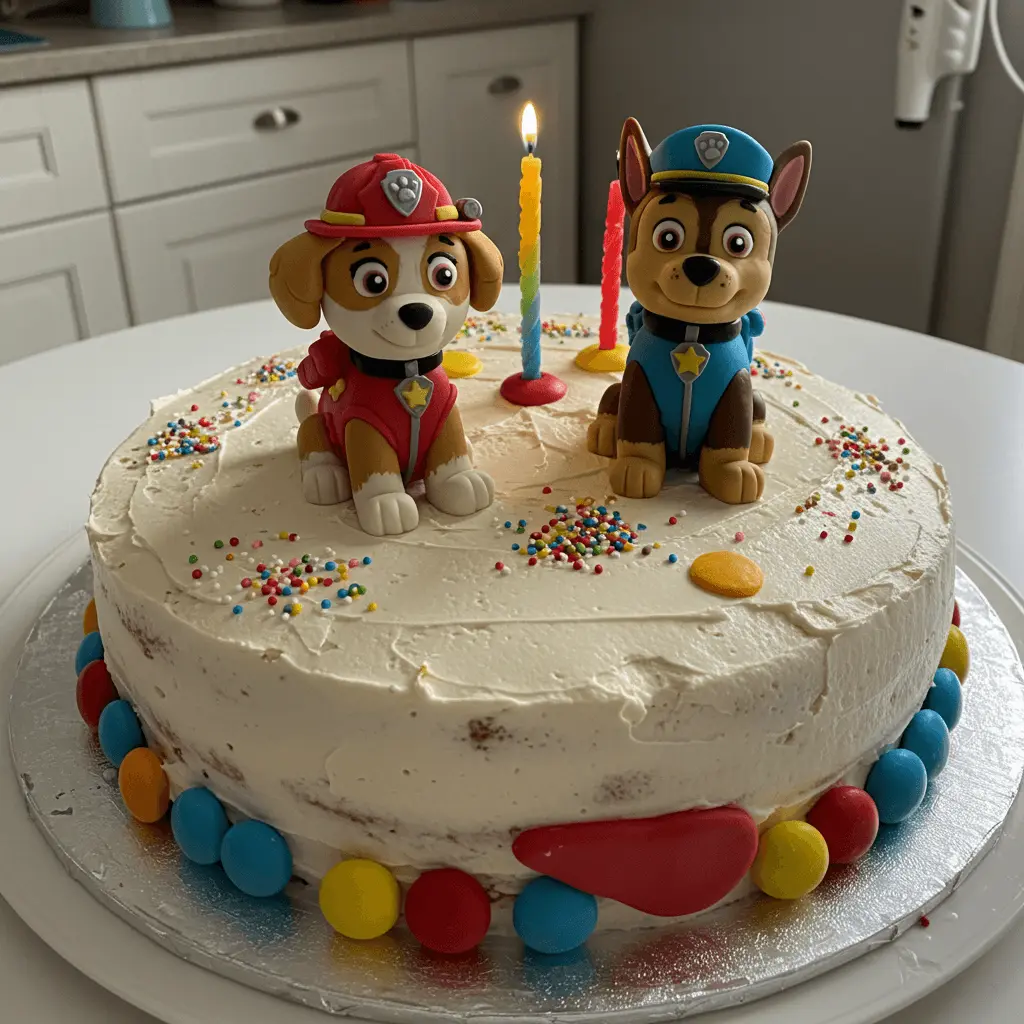 Selbstgemachte Paw Patrol Torte dekoriert mit Fondantfiguren von Ryder und Chase und bunten Streuseln.