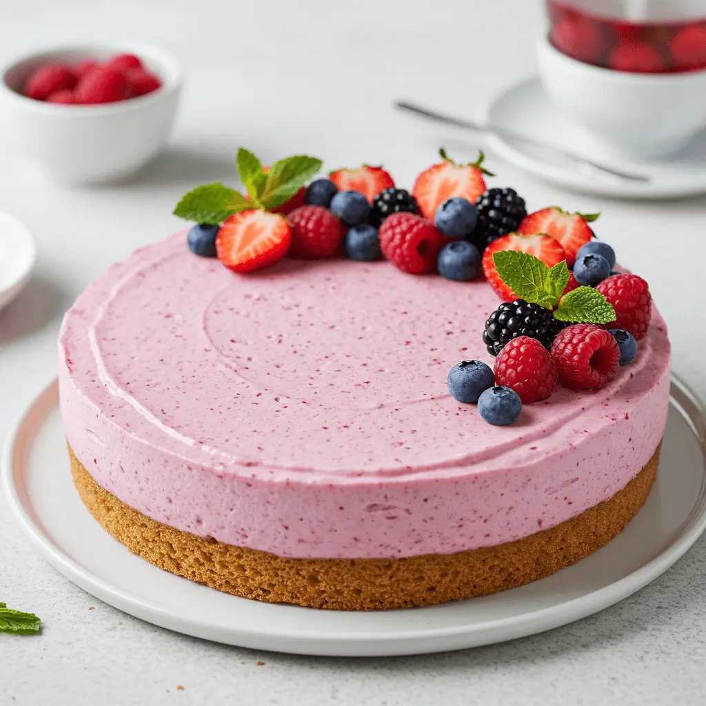 Fruchtige Himbeer und Erdbeer Torten Creme auf einem sommerlichen Kuchen, garniert mit frischen Beeren.