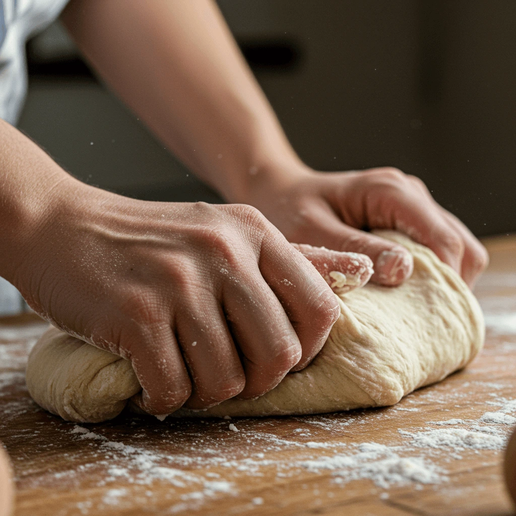 Hausgemachter Focaccia-Teig wird auf einem rustikalen Holztisch für ein einfaches Original Focaccia Rezept geknetet.