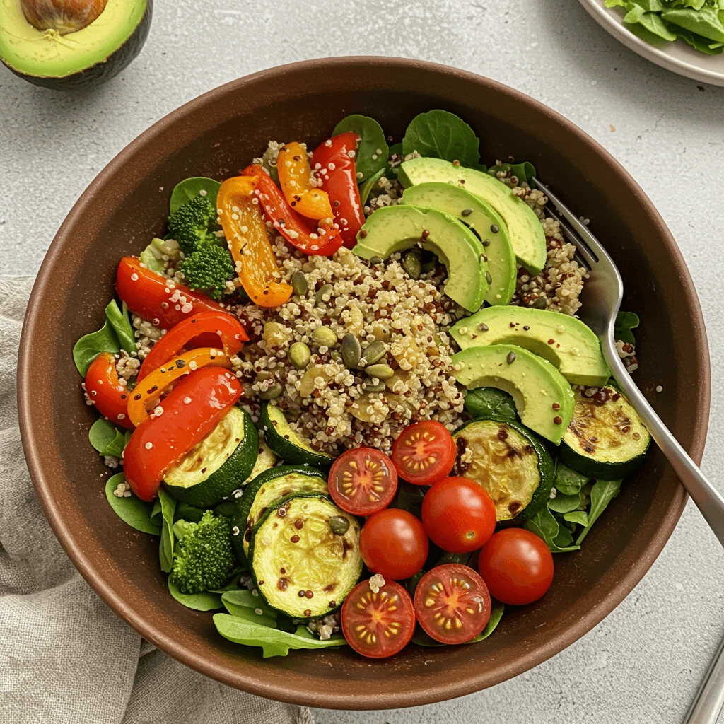 Rezepte Basenfasten – Quinoa-Salat mit Avocado, Paprika, Zucchini und Tomaten auf einem Teller.