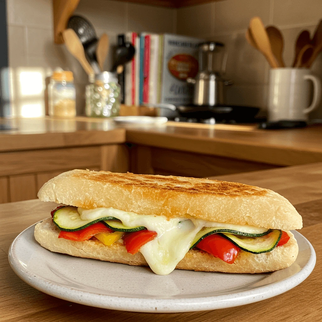 Tefal Optigrill Rezepte: Gemüse-Paninis mit Zucchini, Paprika und geschmolzenem Mozzarella.