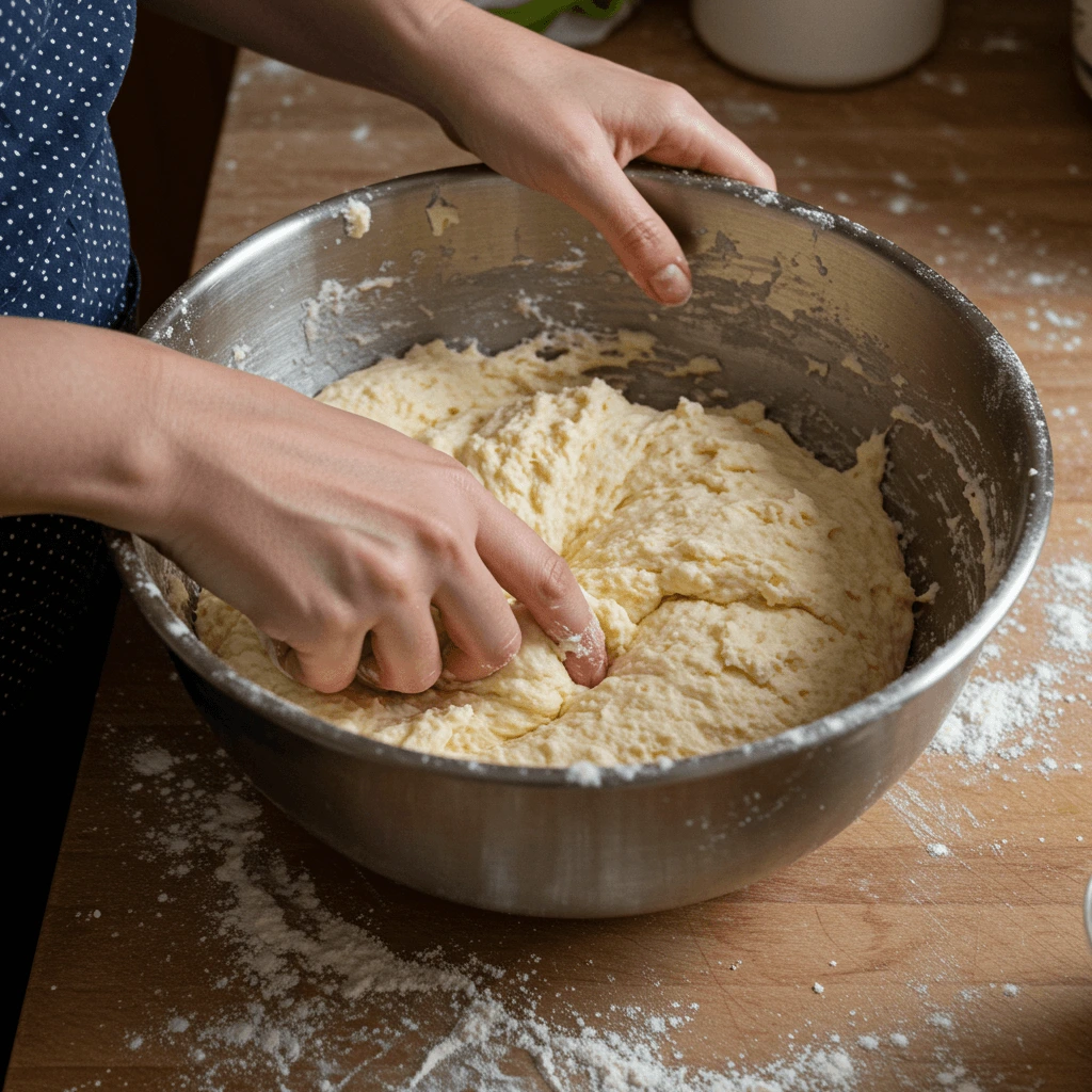 Teig für Quarkbällchen nach Omas Rezept wird in einer großen Schüssel gemischt, mit leicht unordentlichem Küchenbereich