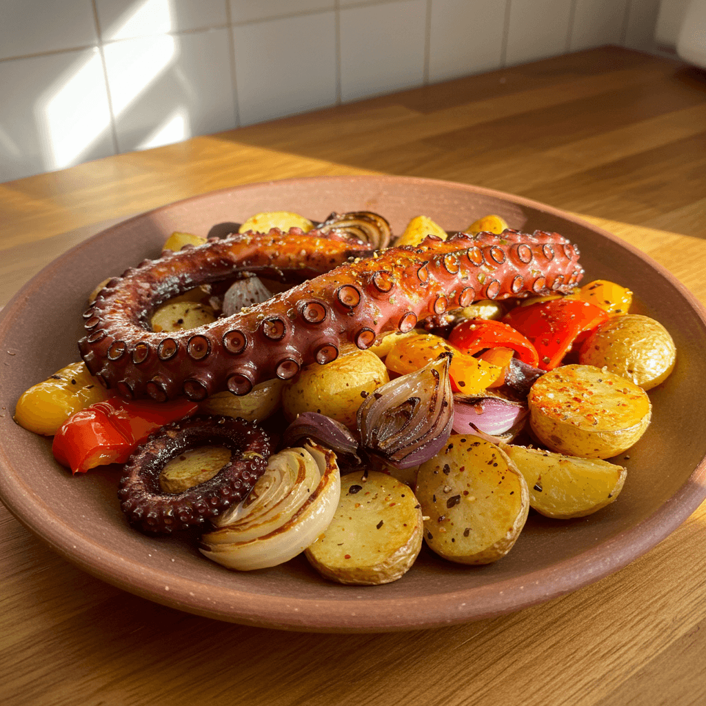 Pulpo Rezepte: Gebratener Pulpo mit Gemüse und Gewürzen aus dem Ofen