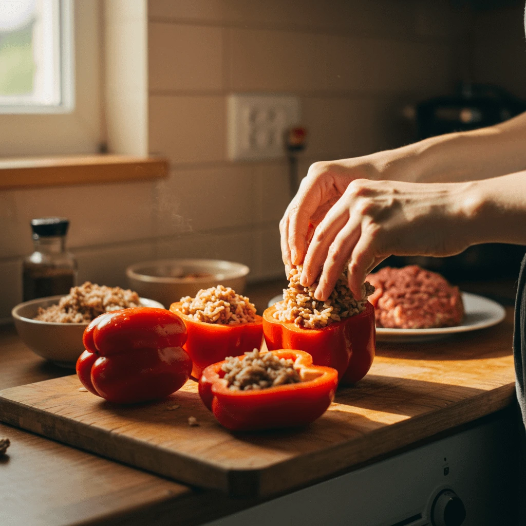 Paprika werden für das Rezept gefüllte Paprika mit Reis und Hackfleisch in einer Küche von Hand gefüllt.