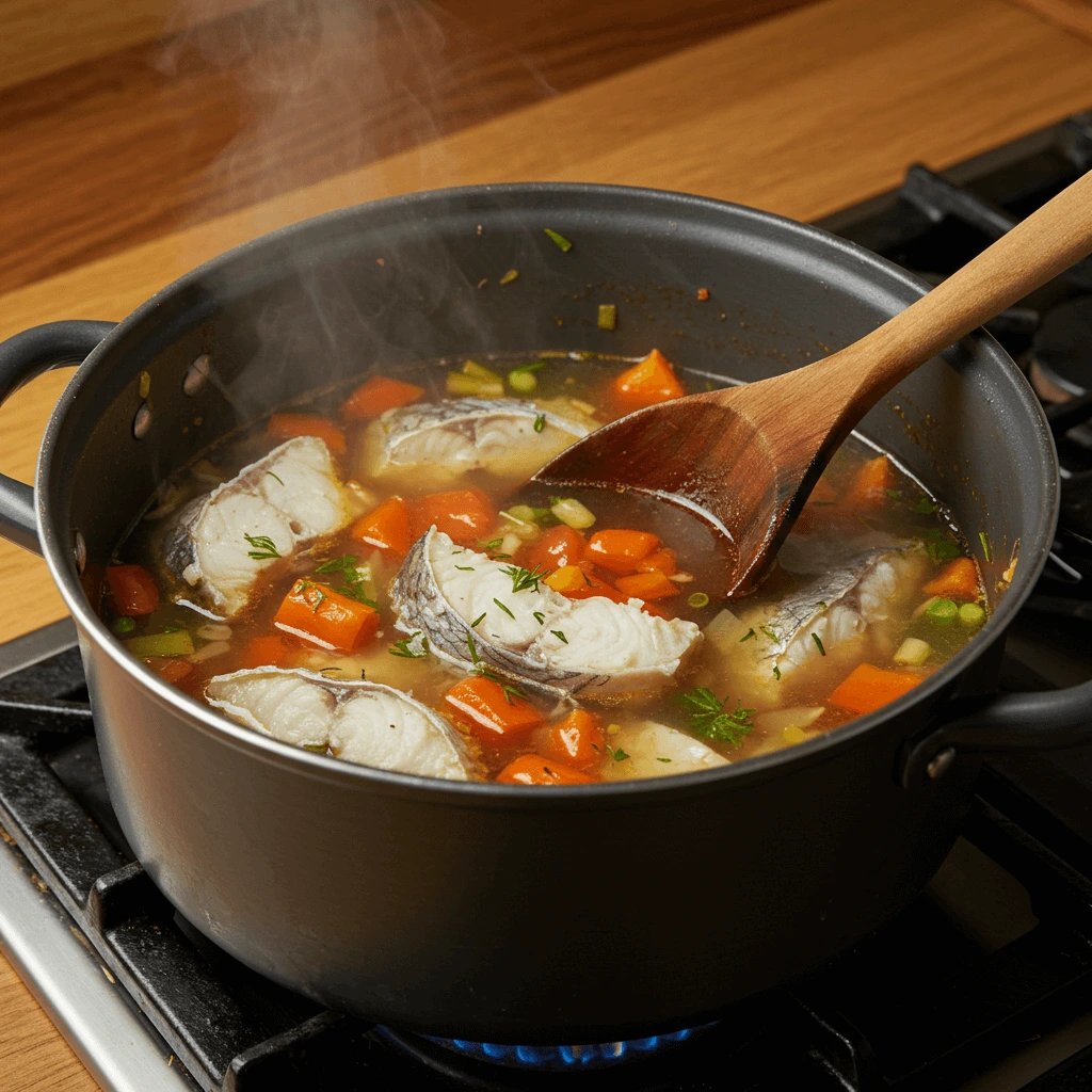 Fischsuppe kochen: Fischstücke und Gemüse in einer heißen Brühe für das Rezept für Fischsuppe.