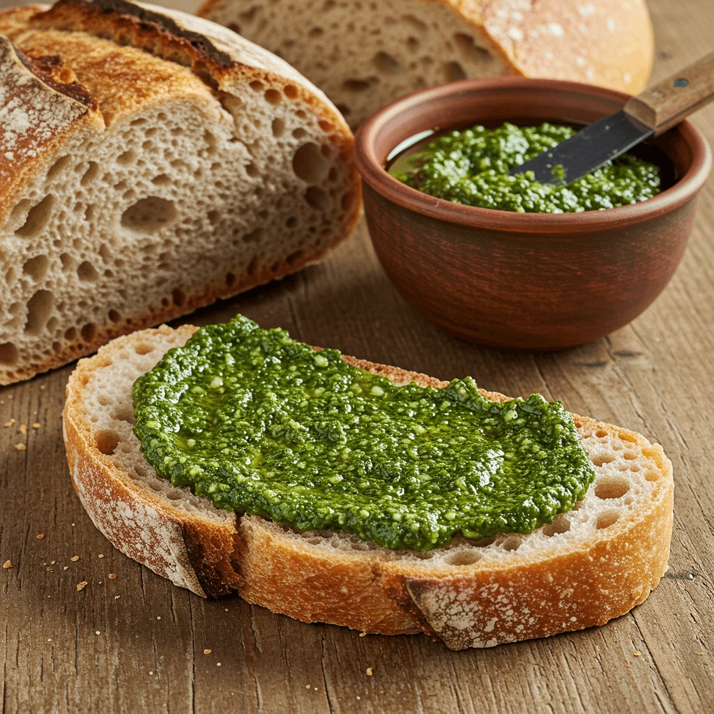 Basilikum Pesto als Brotaufstrich für einen schnellen Snack