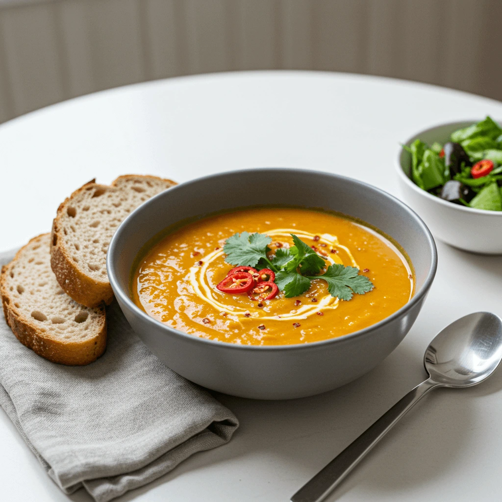 Rote Linsen Kokos Suppe serviert mit Brot und Beilagensalat.
