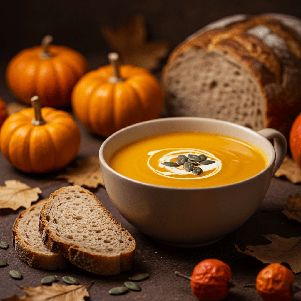 Schnelle Kürbissuppe mit knusprigem Brot, herbstlich dekoriert mit Kürbissen und bunten Blättern.