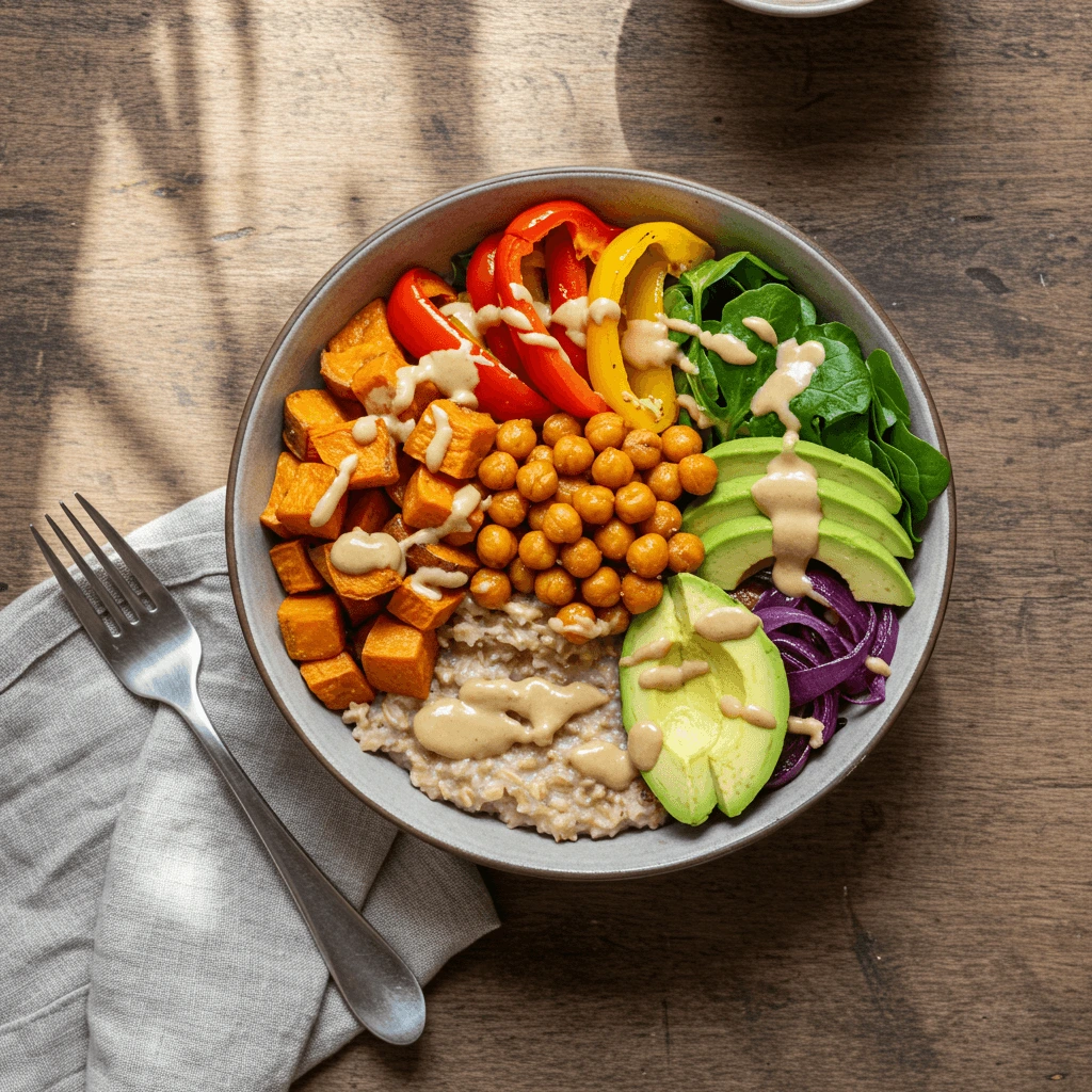 Haferflocken-Bowl mit Gemüse und Tahini-Dressing – ein gesundes Mittagessen für Hafertage.