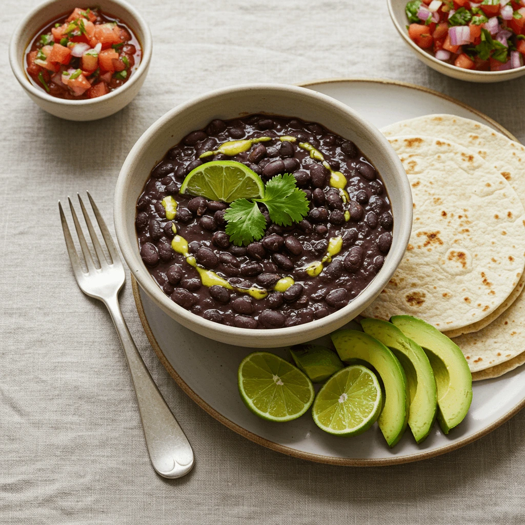 Schwarze Bohnen, dekoriert mit frischen Kräutern und Limettenscheiben, serviert mit Tortillas und Salsa.