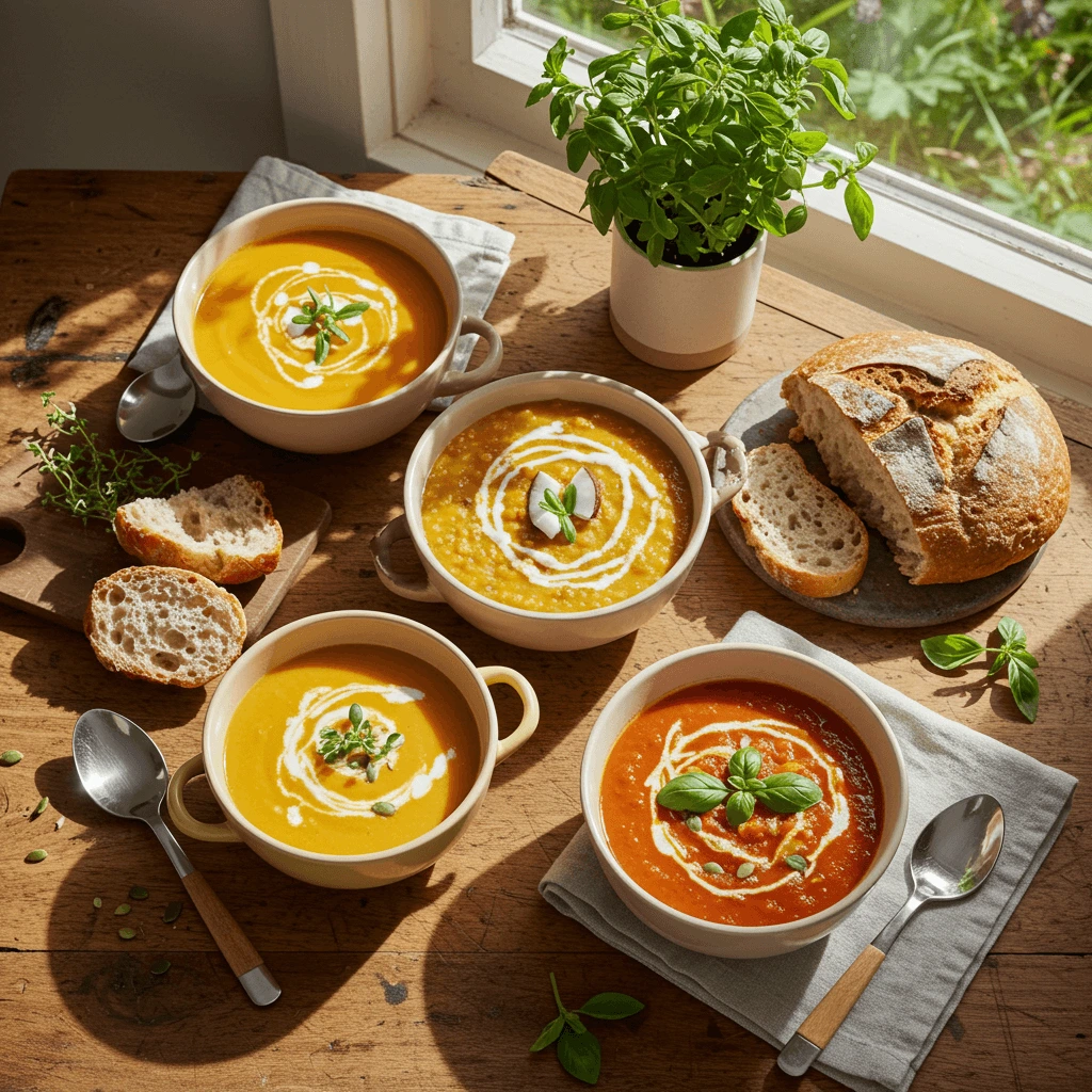 Drei vegane Suppen: cremige Karotten-Ingwer-Suppe, herzhafte Linsensuppe mit Kokosmilch und klassische Tomaten-Basilikum-Suppe, serviert in einladenden Schalen.

