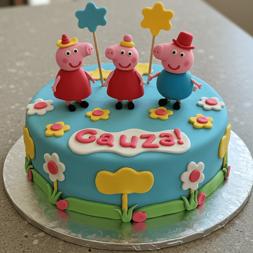 Peppa Wutz Torte mit essbaren Zuckerfiguren und Fondant-Dekorationen.