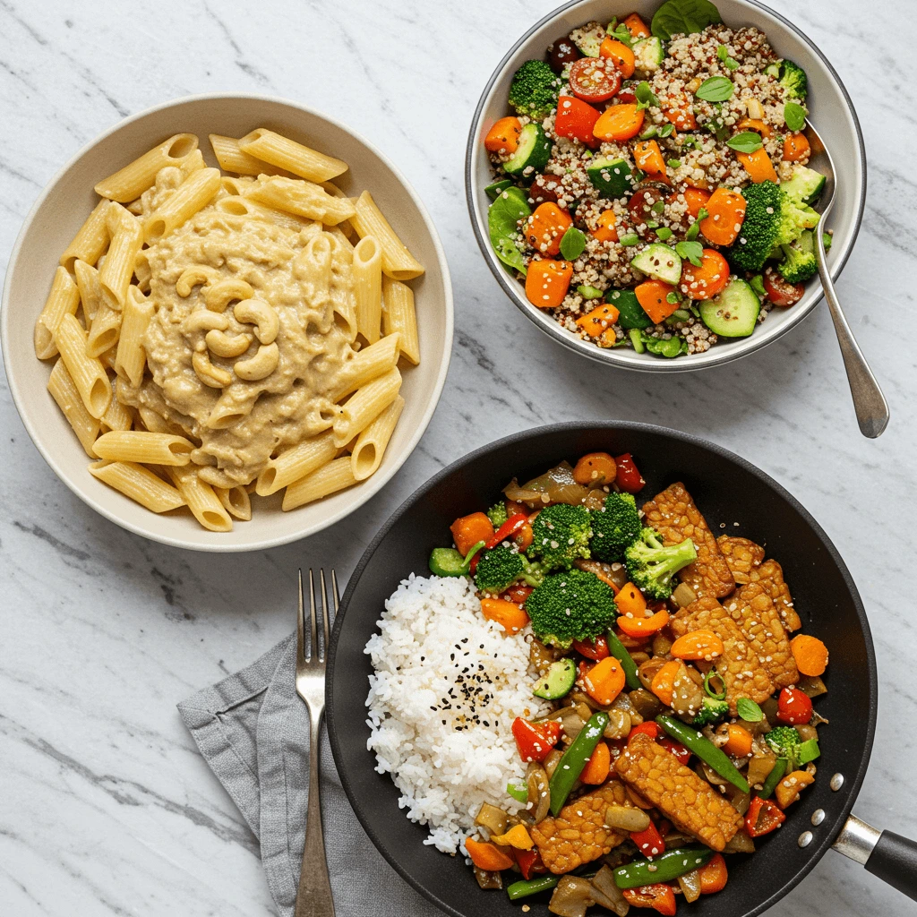  Pasta mit Cashewsoße, Quinoa-Salat und gebratener Tempeh mit Gemüse.