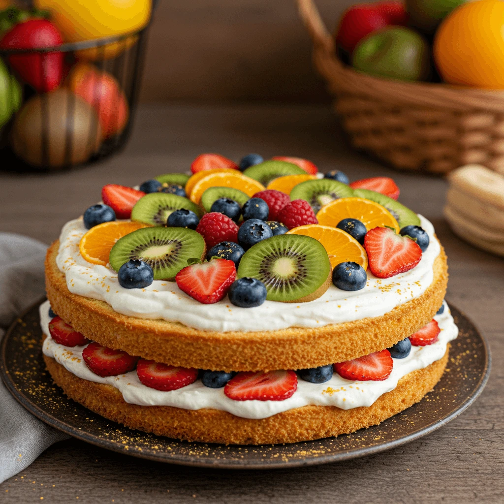 Selbstgemachte Fruchtige Torte Einschulung mit frischen Früchten, Joghurt-Frosting und essbarem Goldstaub.