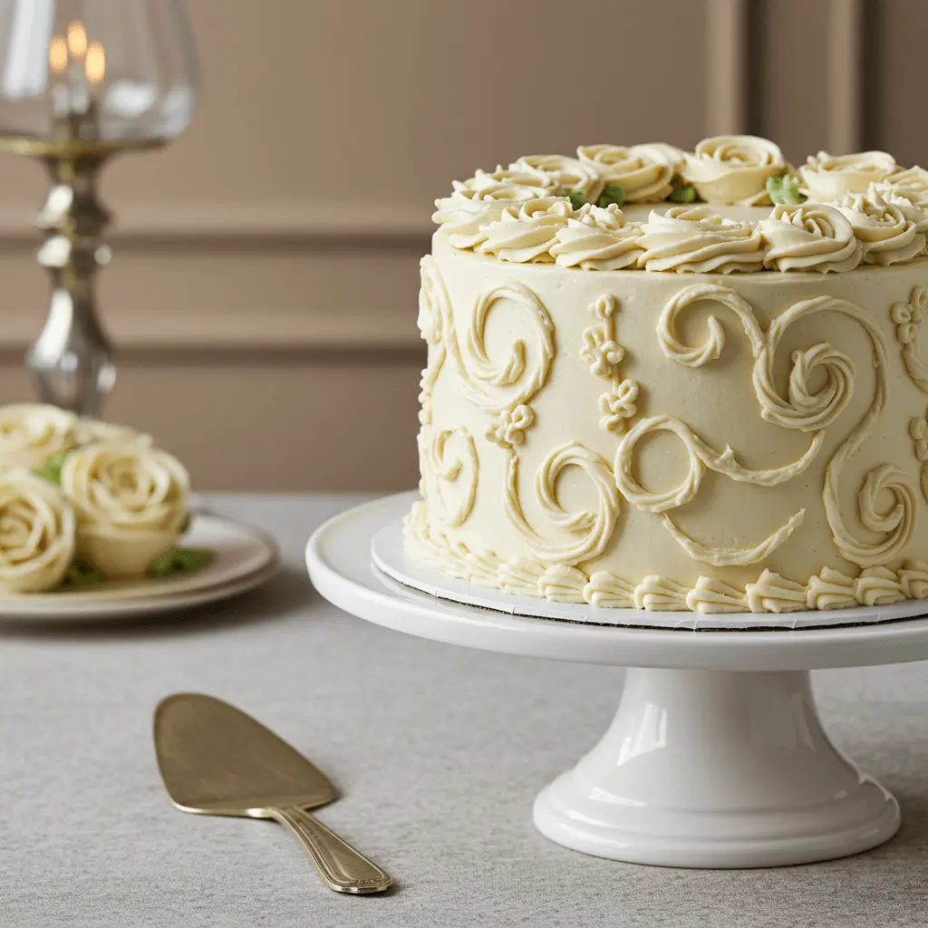 Buttercreme Torten Creme auf einer klassischen Torte, kunstvoll verziert.