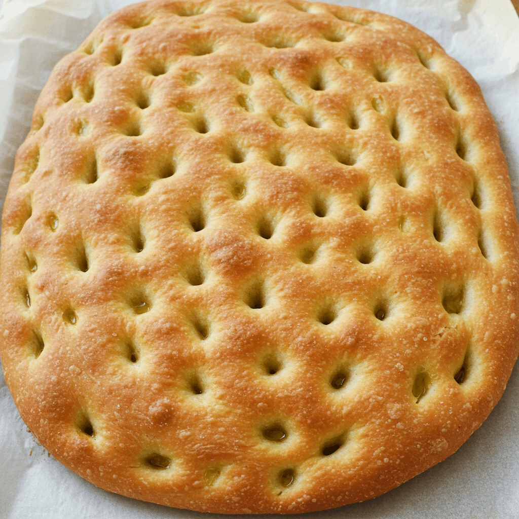 Hausgemachtes Focaccia-Brot mit goldbrauner Kruste, frisch gebacken und bereit, das Original Focaccia Rezept zu präsentieren.