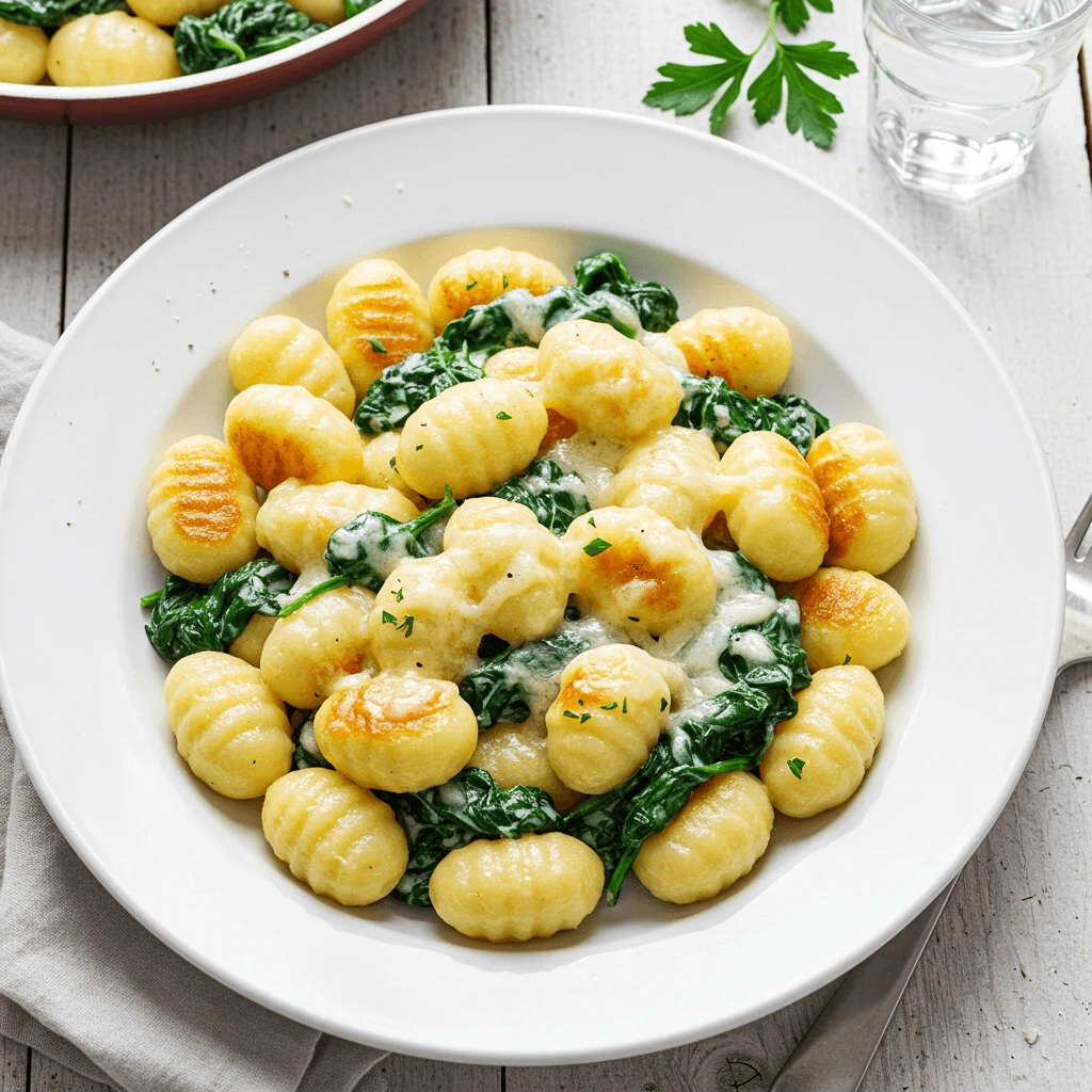 Pfannen-Gnocchi mit cremigem Spinat und geschmolzenem Mozzarella.