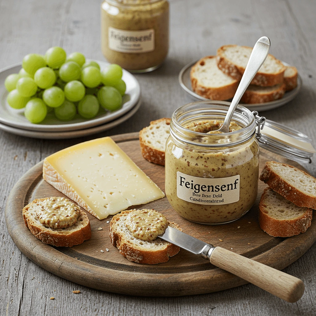 Serviervorschläge für Feigensenf Rezept: Glas mit Käse, Brot und Senfaufstrich