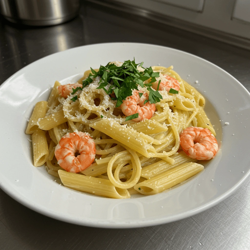 Hausgemachte Scampi Pasta mit Parmesan, frischen Kräutern und cremiger Sauce