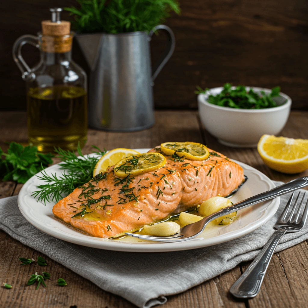 Tefal Optigrill Rezepte: Lachsfilet mit Zitronen-Dill-Glasur, serviert mit Gemüse.