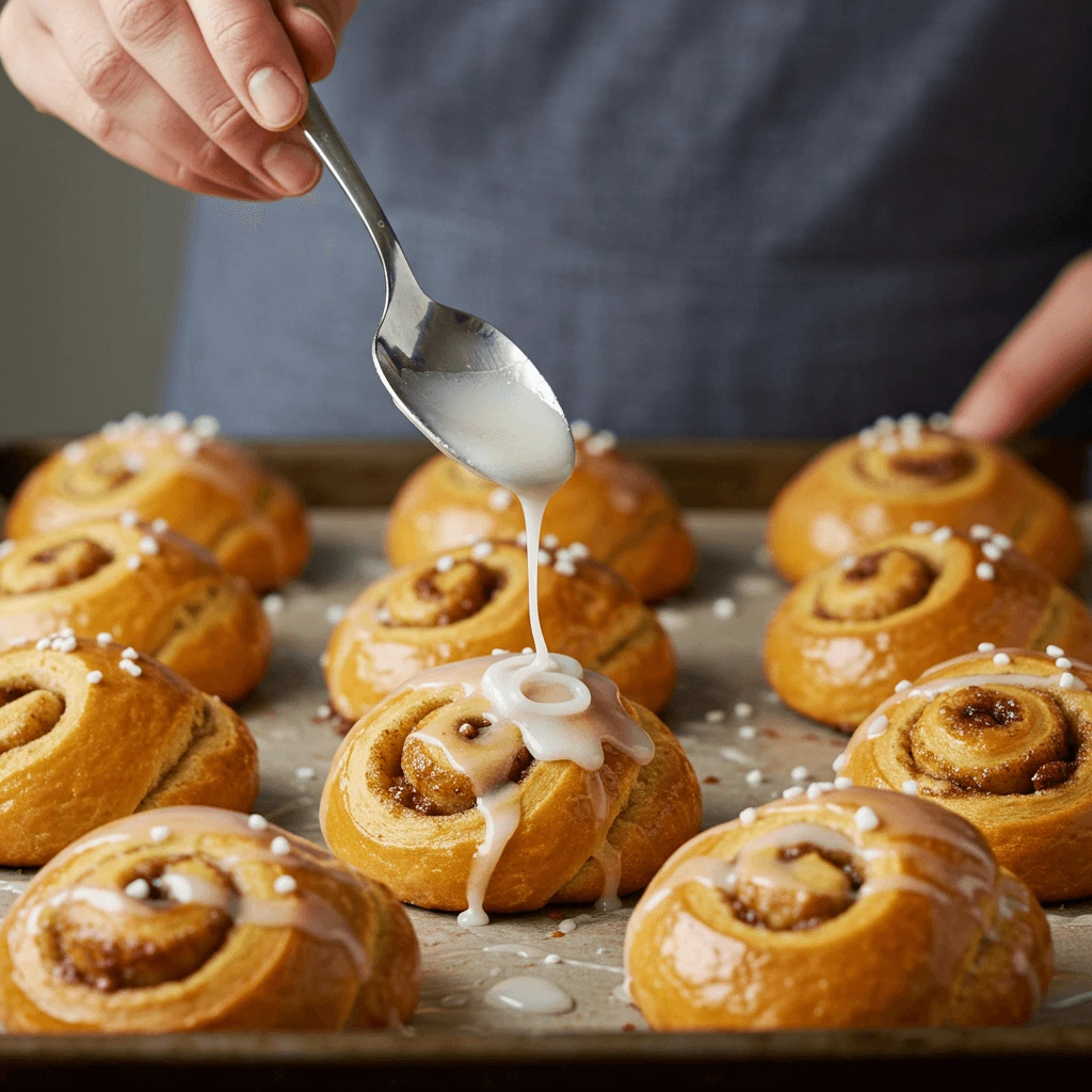 Mohnschnecken Rezept – Zuckerguss wird frisch über warme Mohnschnecken geträufelt.