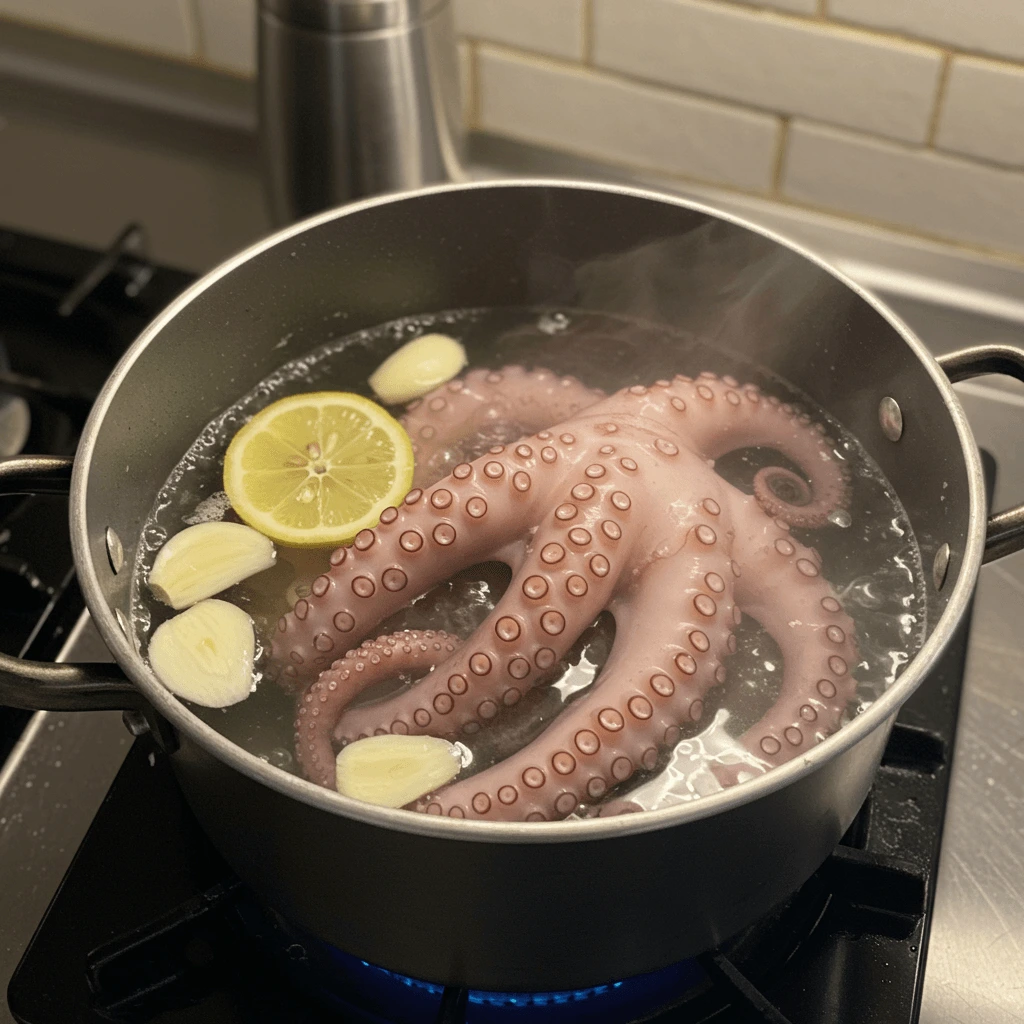 Oktopus im Kochtopf mit Zitrone und Knoblauch, ein Schritt im Oktopus Rezept.