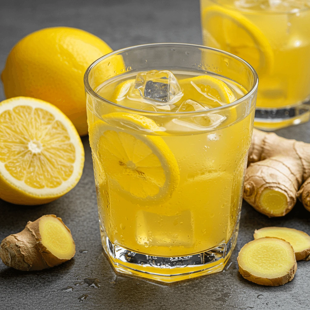 Zitronen-Ingwer-Saft in einem Glas, mit Zitronenscheiben dekoriert. 4/5 rezepte zum entsaften