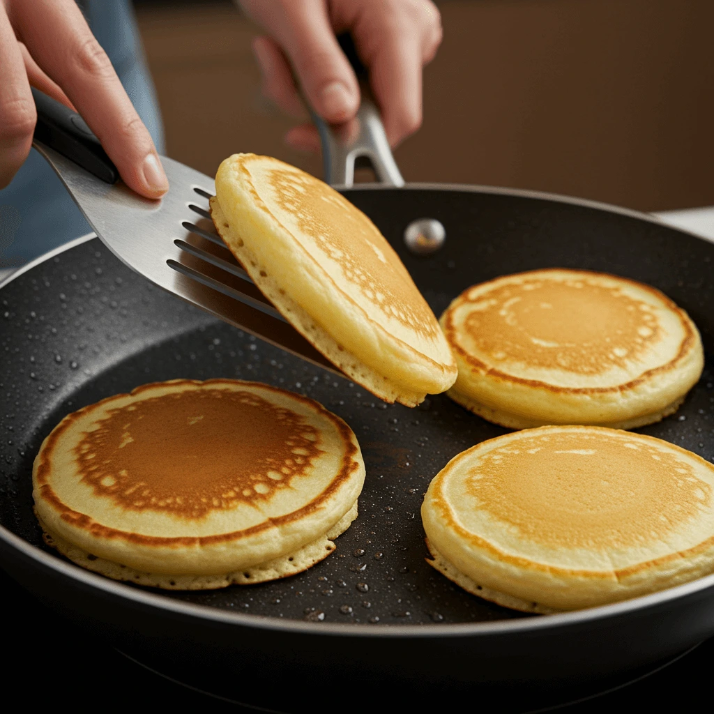 Rezept Pfannkuchen Thermomix: Pfannkuchen werden in einer heißen Pfanne goldbraun gebraten