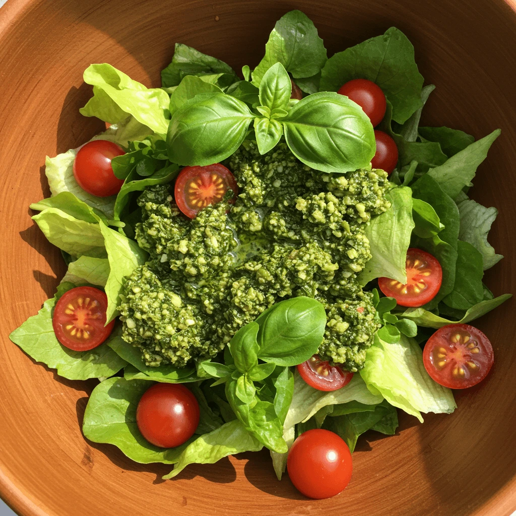 Frischer Salat mit Basilikum Pesto