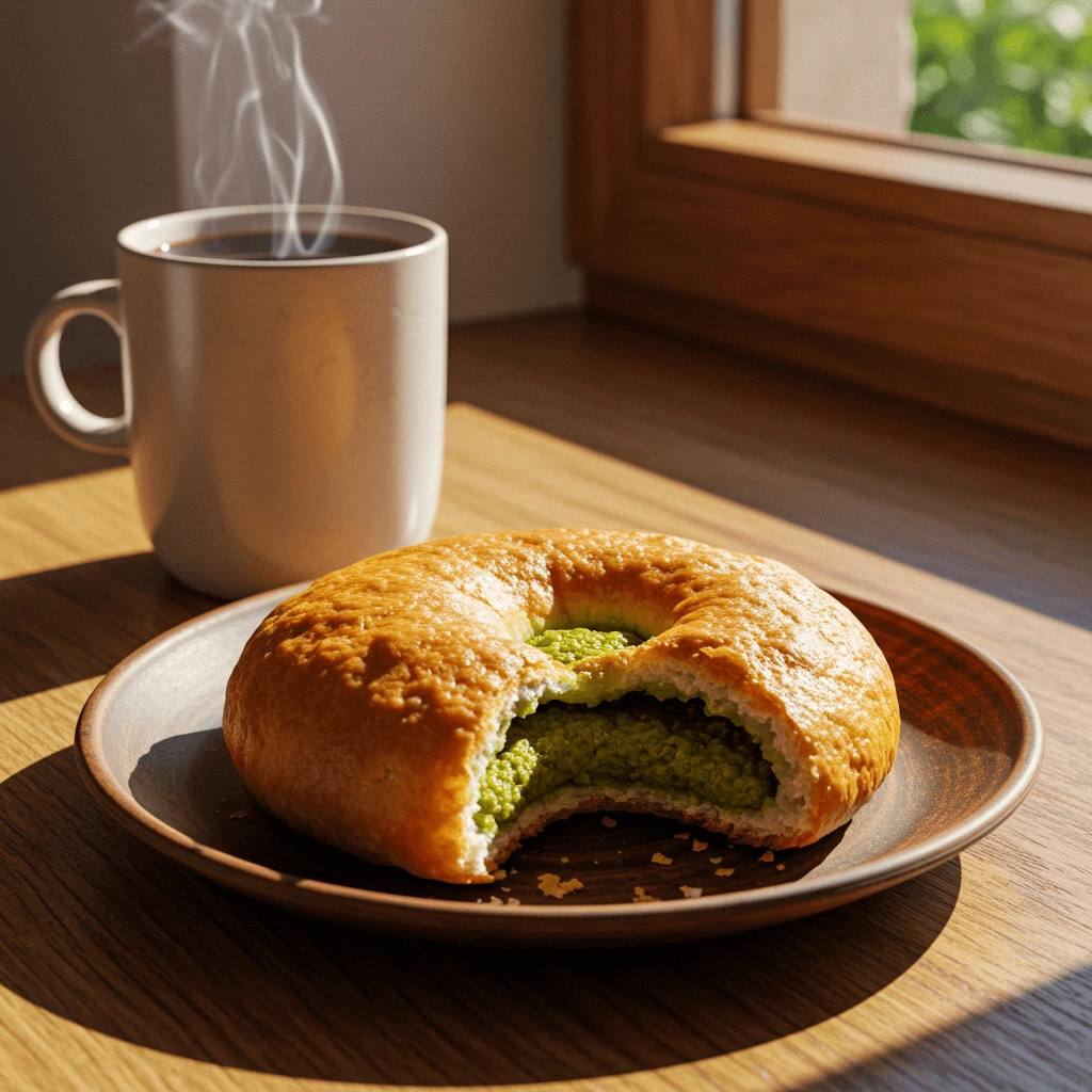 Feines Gebäck mit Pistaziencreme – Ein rustikales Gebäckstück, gefüllt mit Pistaziencreme und serviert mit einer Tasse Kaffee.