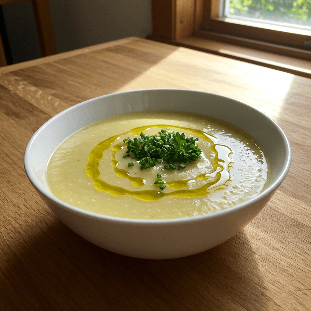 Leichte Gemüsecremesuppe mit Olivenöl und frischen Kräutern, serviert auf einem Holztisch.