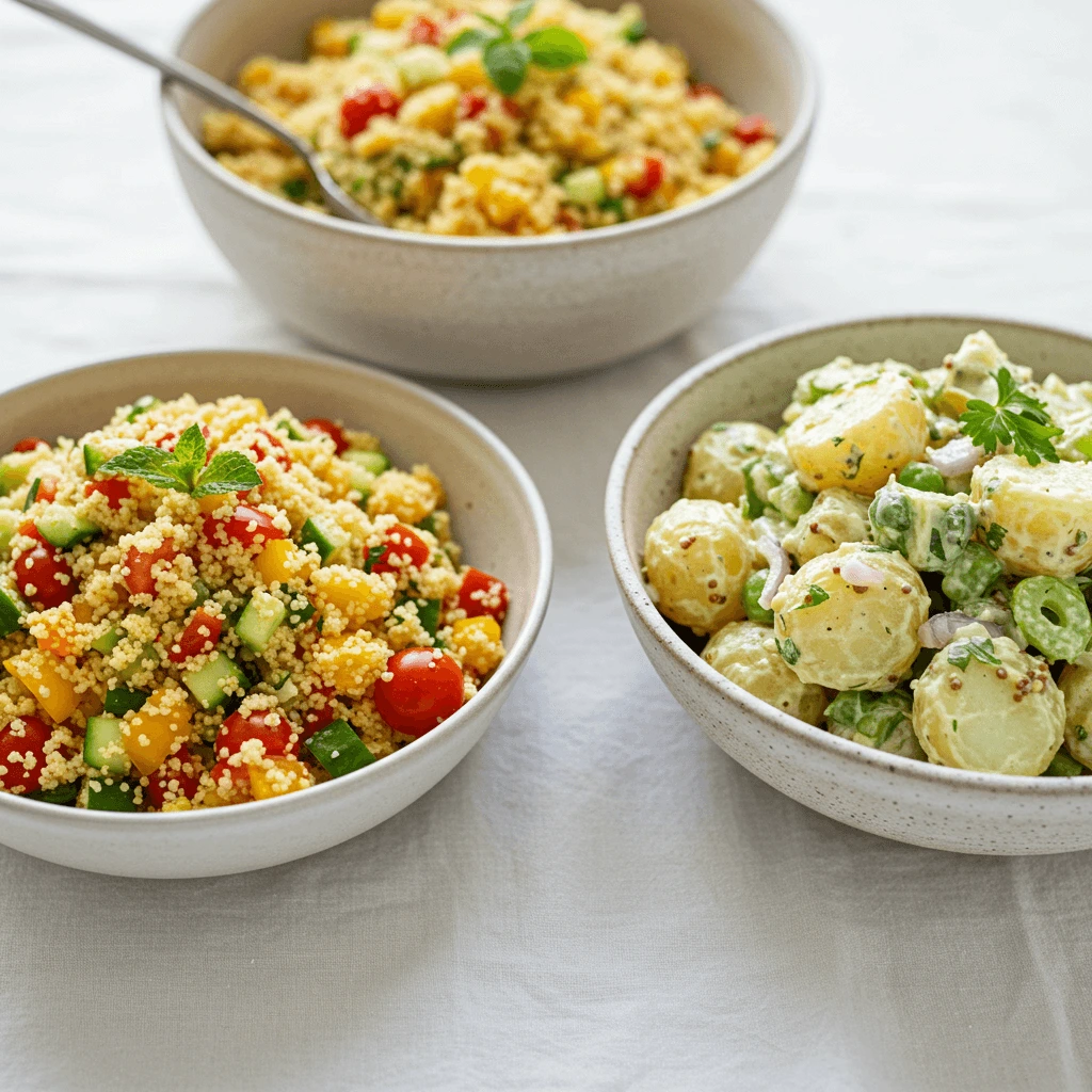 Frische vegane Salate, darunter mediterraner Couscous-Salat, Spinatsalat mit Granatapfelkernen und ein leichter Kartoffelsalat ohne Mayo.

