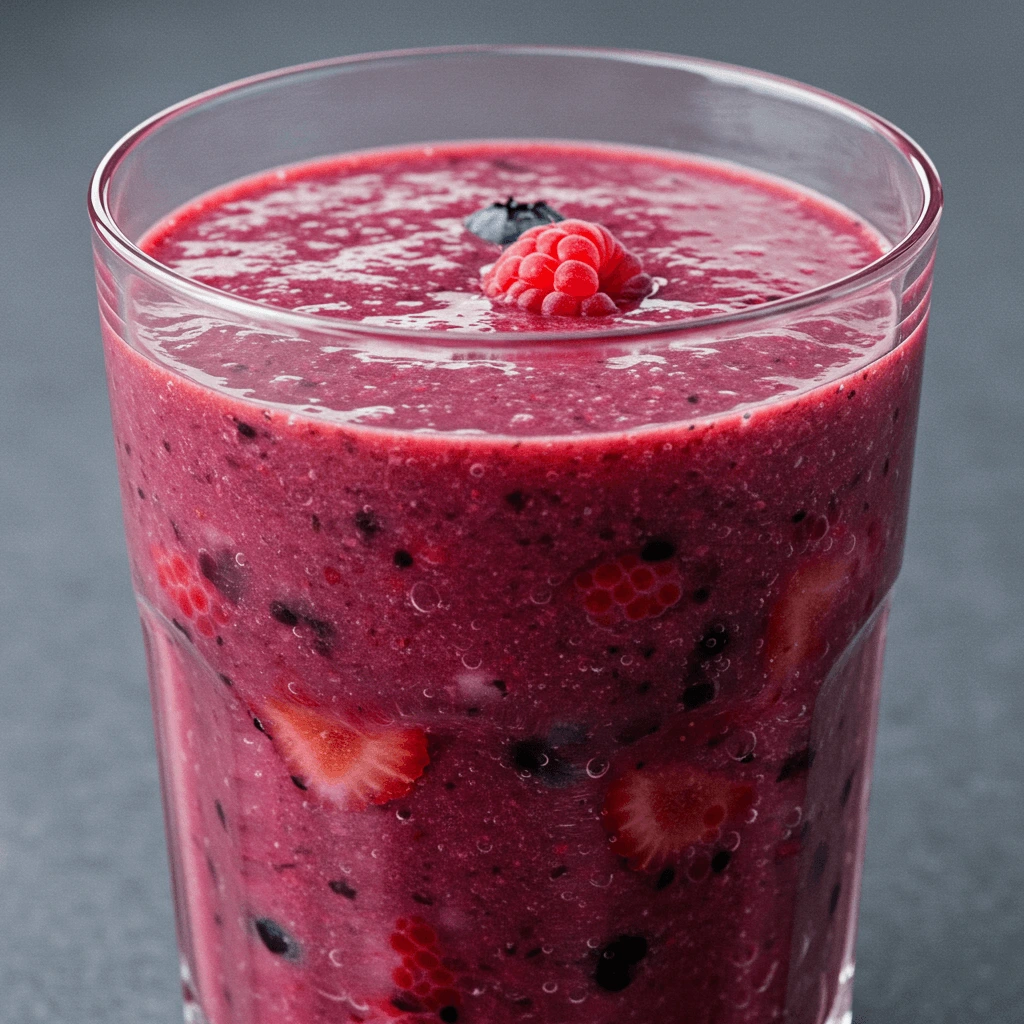 Ein Glas Beerensaft mit frischen Erdbeeren, Heidelbeeren, Himbeeren und Minzblättern.