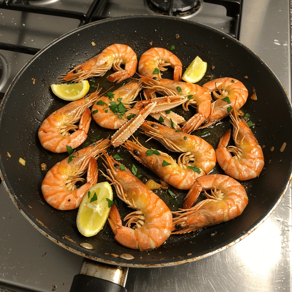 Scampi in einer würzigen Chili-Knoblauch-Marinade, frisch zubereitet und hausgemacht.