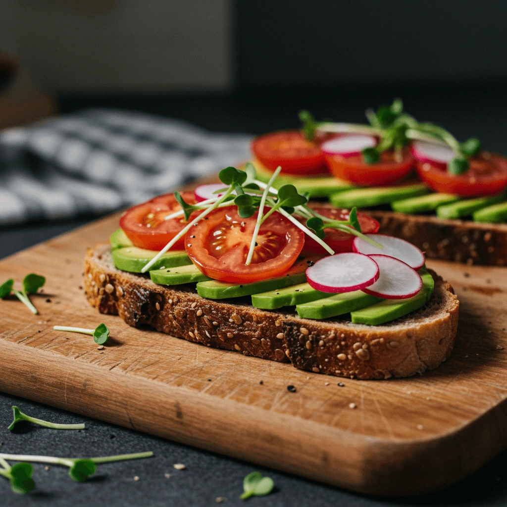 Avocado-Toast mit Tomaten, Radieschen und frischer Kresse auf einem Holzbrett.